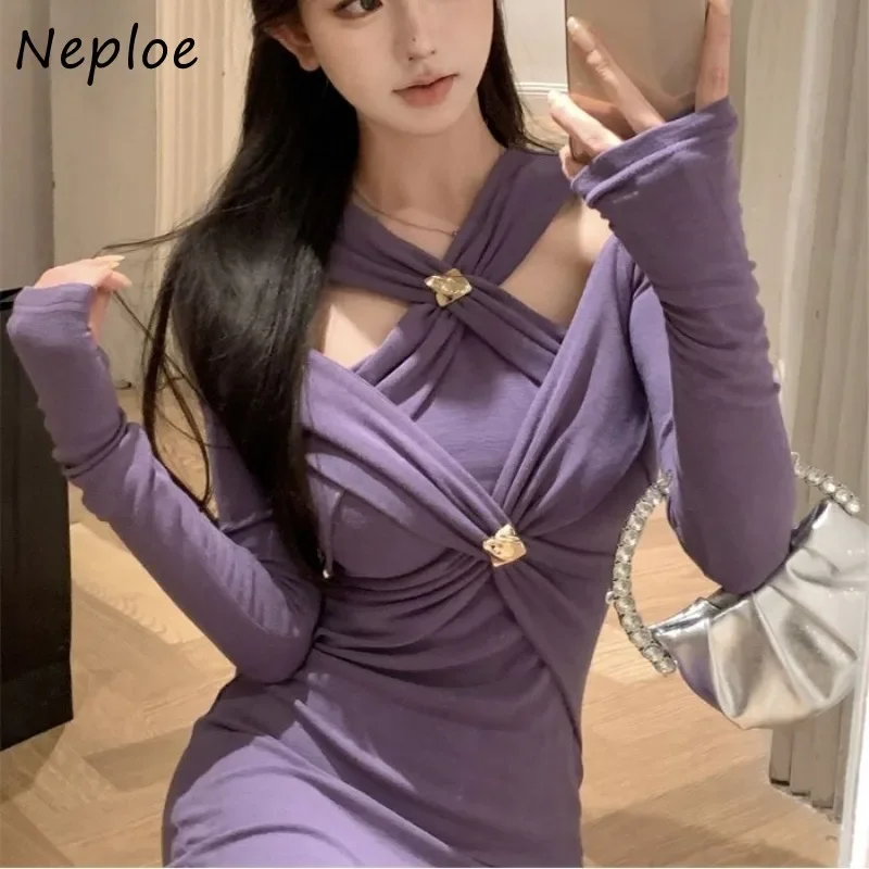 

Neploe Purple Hollow Out Dress for Women Slim Waist Long Sleeve Bottoming Dresses Y2k Mid-length Bodycon Vestidos Mujer