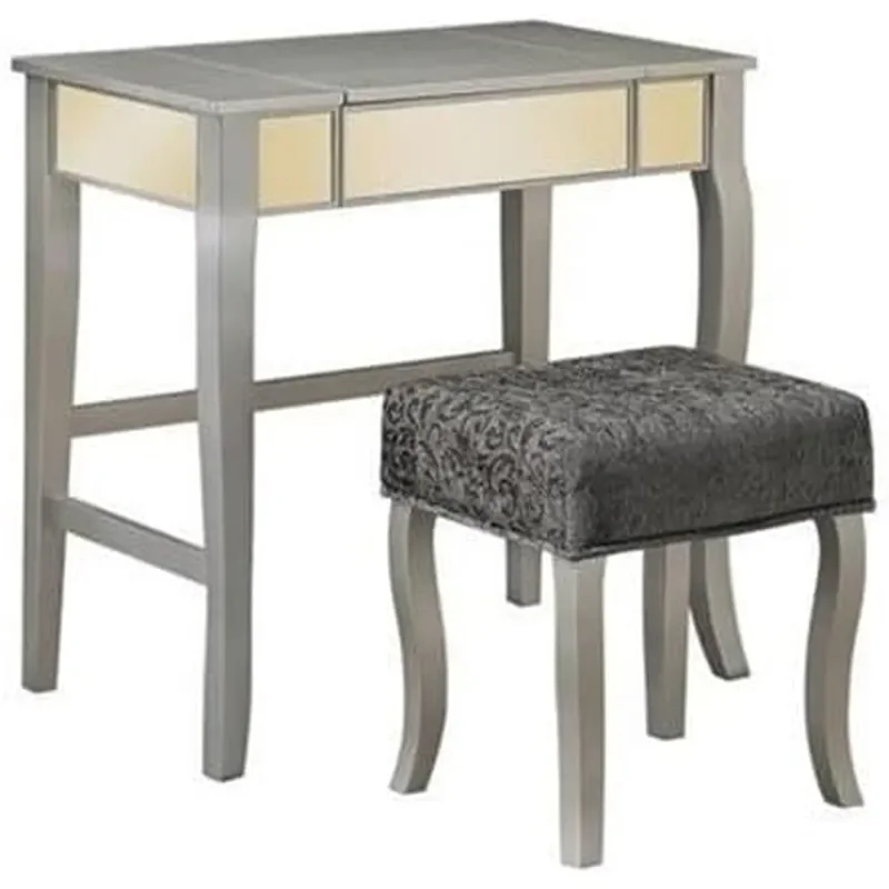 Bedroom Vanity Set Silver Finish Solid Wood and Mirror Construction Includes Vanity and Upholstered Stool Hidden Storage Glam