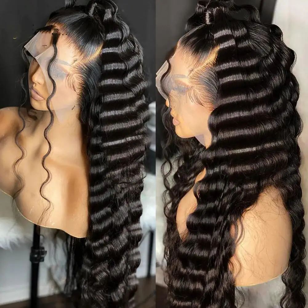 Natürliche schwarze lange 26 "weiche leimlose Deep Wave Lace Front Perücke für Frauen mit Babyhaar synthetisch vor gezupft hitze beständig täglich