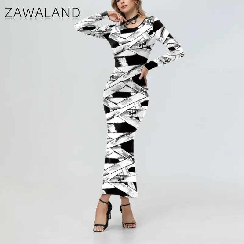 Zawaland Halloween Dresses for Women Clothing 3D Printed Cosplay Mummy Medieval Costumes Flare Sleeve Dresses Long Dress