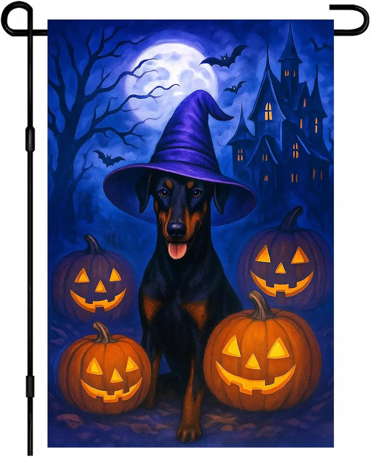 Halloween Garden Flag Black Doberman Dog Wearing Witch Hat With Glowing Pumpkins Full Moon And Haunted House 12x18 Inch Doub PPZ