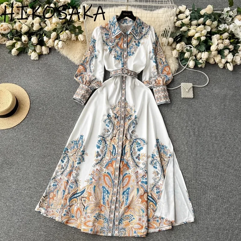 Vintage Print Fashion Lantern Sleeve Dress Turn-down Collar Single Breasted Elegant Slim Waist Robe All-match Tmperament Vestido