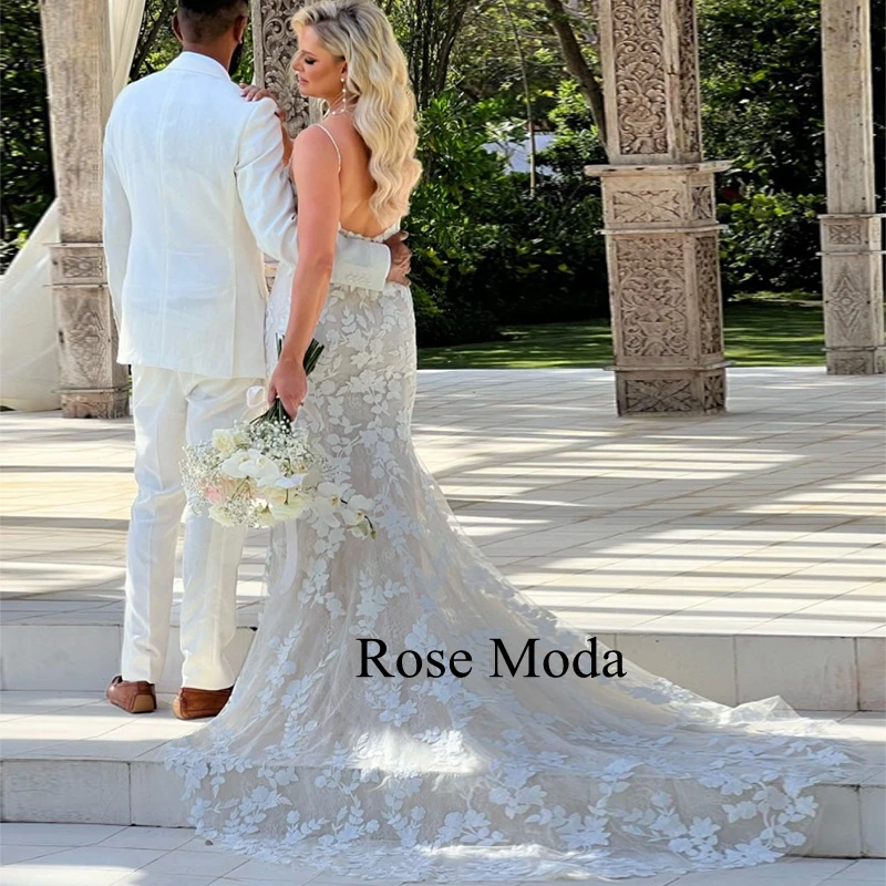 Rosa moda alças finas rendas sereia vestidos de casamento marfim e champanhe destino vestido de noiva foto real personalizado fazer