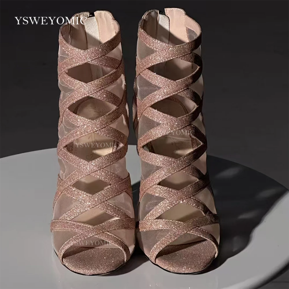 10cm Dance Heels Rubber Sole Outdoor Champagne Gold Mesh Glitter Cutout Heels Zapatos De Baile Jazz Dance Booties