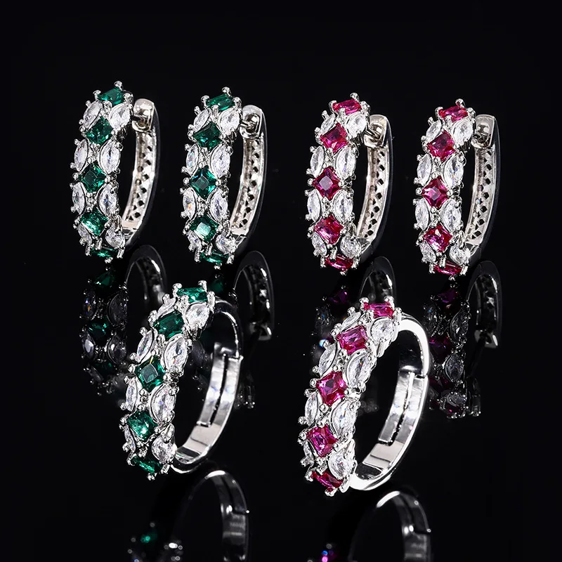 

Jewelry Exquisite Emerald Zircon Hoop Earrings European and American Style Exaggerated Row Diamond Earrings Inlaid Diamond Red T