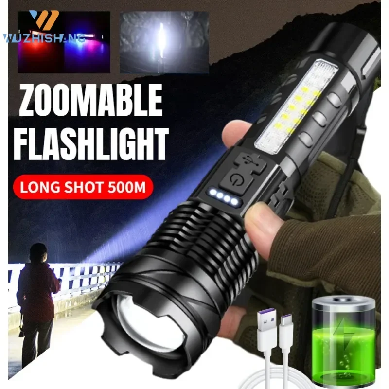 

High Power Led Flashlight USB Rechargeable Waterproof Outdoor Zoom Torch with COB Warning Side Light Camping Emergency Lantern