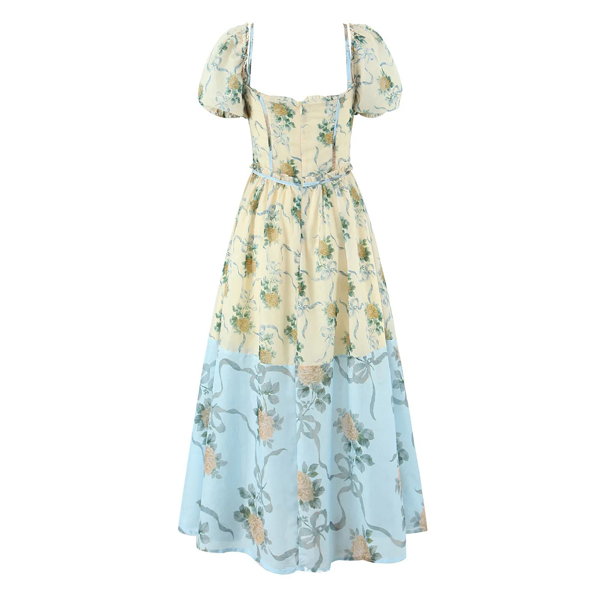 Abito francese bohémien retrò con stampa romantica patchwork con maniche a sbuffo che raccoglie la vita e dimagrisce, elegante abito lungo da vacanza