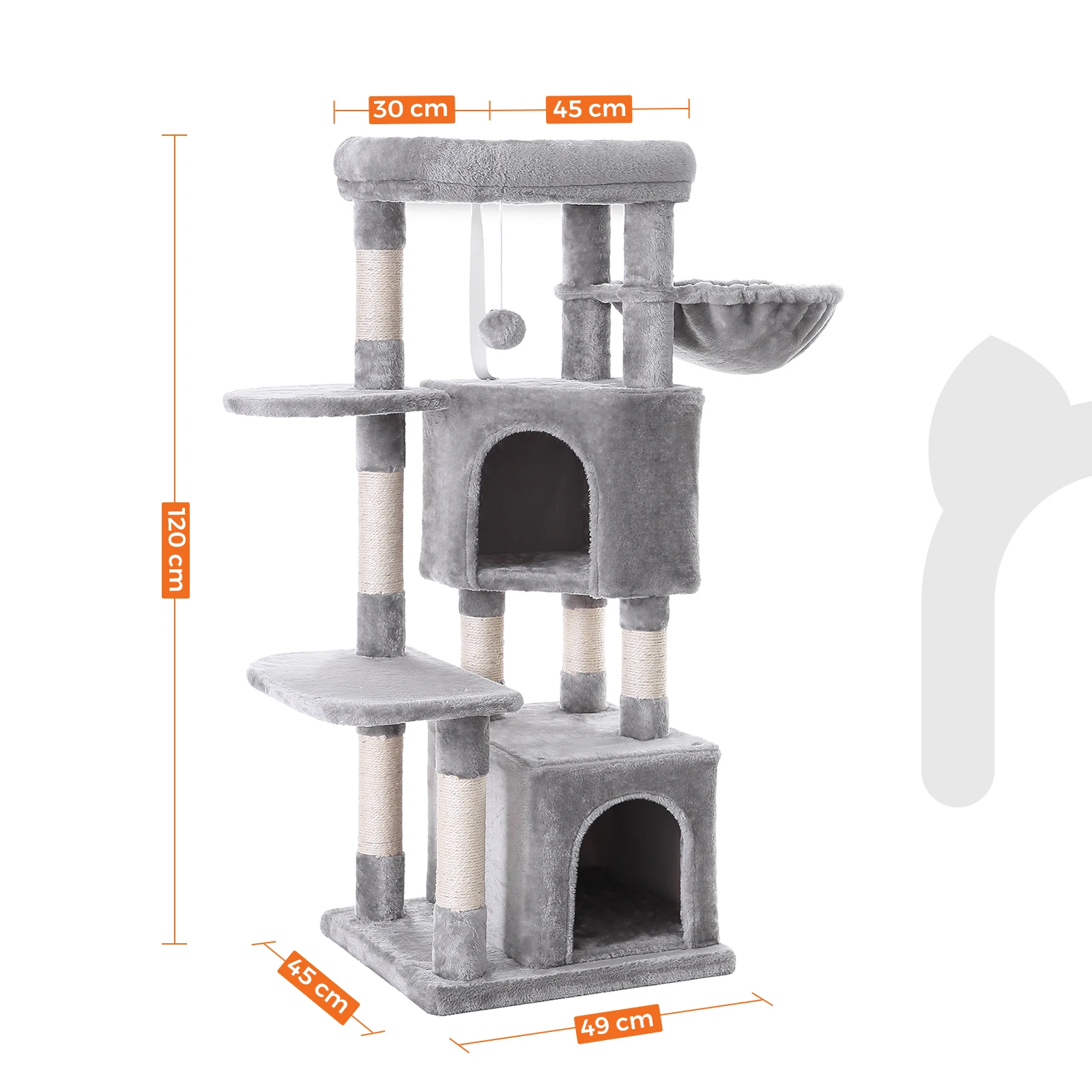 FEANDREA scratching post cat tree, 120cm, 2 cuddly caves, stable, tilting protection