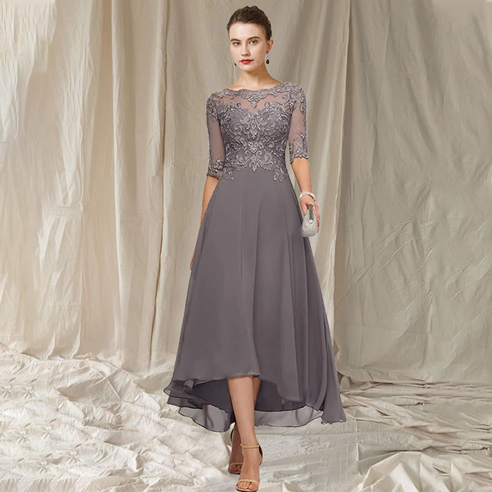 

Mother of the Bride Dress Elegant A Line Asymmetrical Lace Wedding Guest Gowns for Women Scoop 3/4 Sleeves Applique Party Dress