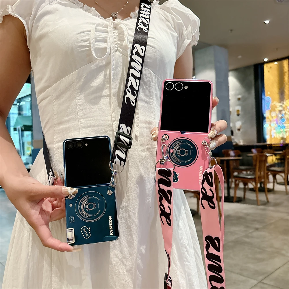 Blu Ray Laser Camera Long Rope Case With Lanyard Necklace Strap Case For Samsung Galaxy Z Flip 7 6 5 4 3 5G Hard PC Phone Cover