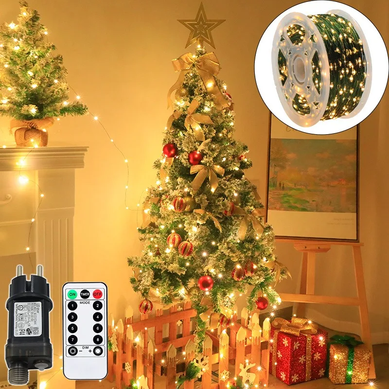 Cross-Border Waterproof Green Wire Copper Christmas Tree Lights - Remote Control Starry String Lights for Wedding, Plants & Gard