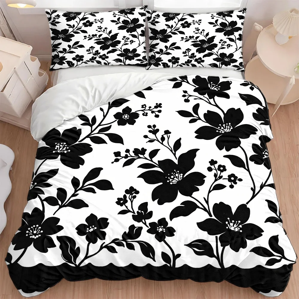 3Pc Classic Black and White Floral Duvet Cover Set, Three-Piece Bedding Set (1*Duvet Cover + 2*Pillowcases), Suitable for All Seasons, Machine Washable, Invisible Zipper Design, Large Double Bed Cover Set, Suitable for Home, Dorm, Master Bedroom, Guest Room, Fashionable Plant Print Bedding Set, Skin-Friendly Breathable Bed Sheet Set, Bedroom Three-Piece Bedding Set, Simple American Style Bedding Set, Easy Care and Durable Bedding Set, 2D Flat Print