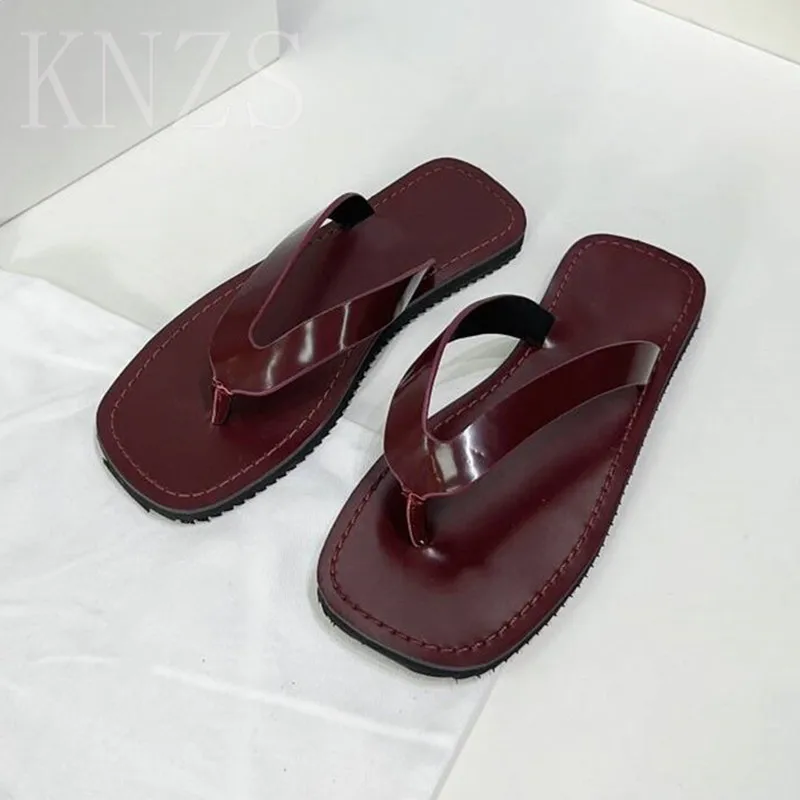 

Summer New Square Toe Genuine Leather Flat Slippers Woman Narrow Band Slides Sewing Flip Flops Casual Beach Shoes For Women 2024