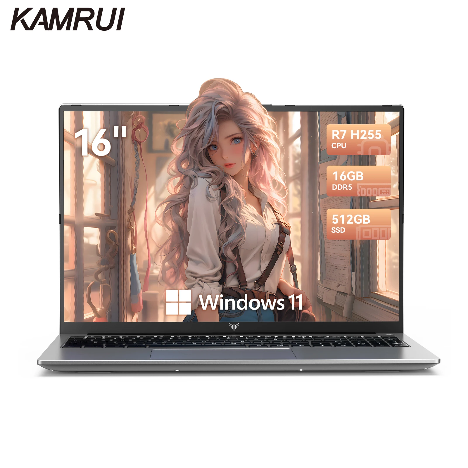 KAMRUI 16 inch Laptop Computer AMD Ryzen7 H255 Windows Laptop IPS 16GB DDR5 512GB NVMe SSD Verlichte & numeriek toetsenbord Wifi6 BT5.2
