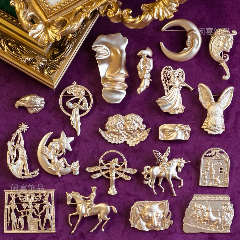 European and American retro Dong style frosted matte gold head relief god Cupid brooch badge clothes