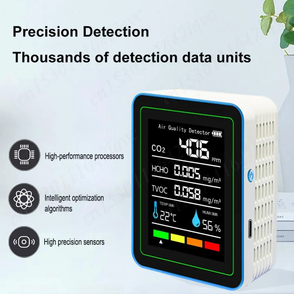 5-in-1 Air Quality Monitor CO2 Detector Portable Temperature and Humidity Monitor Formaldehyde Monitor for Home Office School