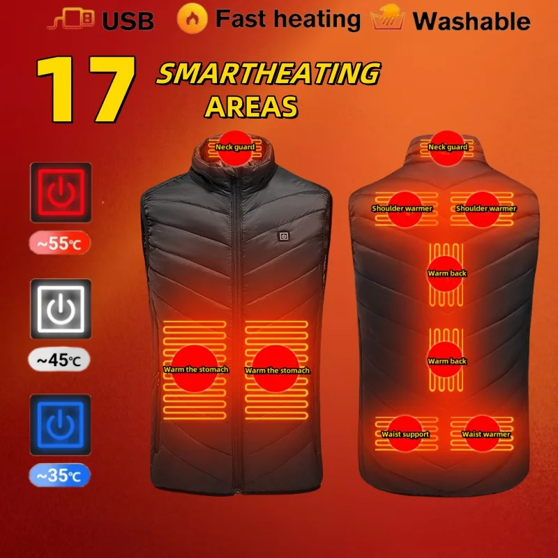 Ski 17 Heated Vest Jacket Fashion Men Women Coat Clothes Intelligent Electric Heating Thermal Warm Clothes Winter Heated Hunt