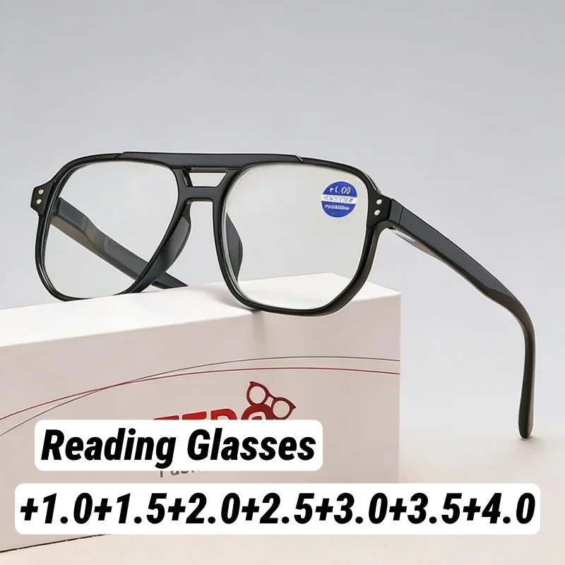 

Retro Square Frame Anti-Blue Light Miding Presbyopia Glasses Spring-Arm Double-Bridge Fashion Reading Glasses with Plus Diopters