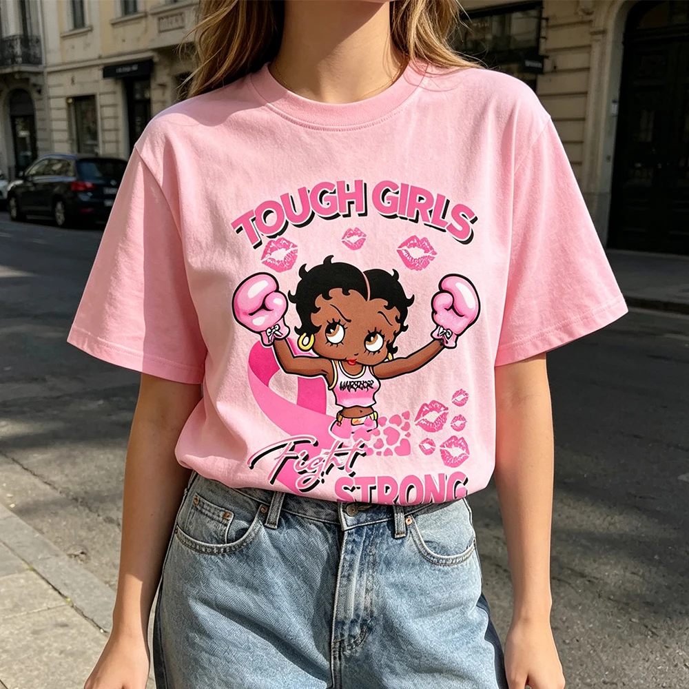 TOUGH GIRLS Fight Strong Betty Boop Women Short Sleeve T Shirt Breast Cancer Awareness Fashion Casual Daily Wear Tee for Female