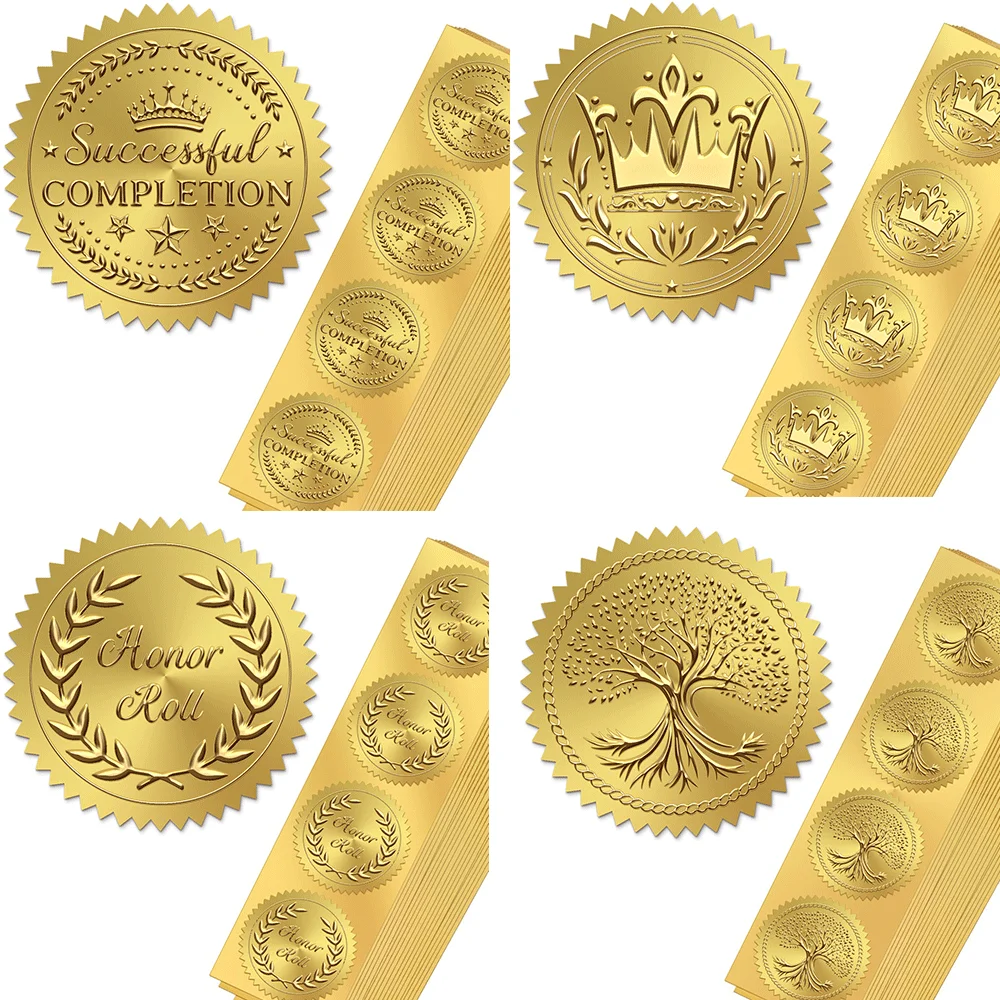 25 Sheets 100Pcs Gold Foil Certificate Seals, Self-Adhesive Embossed Award Stickers for Graduation, Certifications, Diplomas