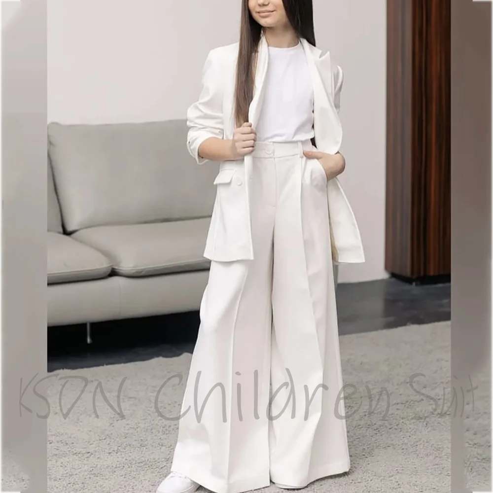 Fashion White Suit For Girl Classic Peaked Lapel Loose Fit Children Clothes Costume Solid Color Casual Daily Two Pieces Set