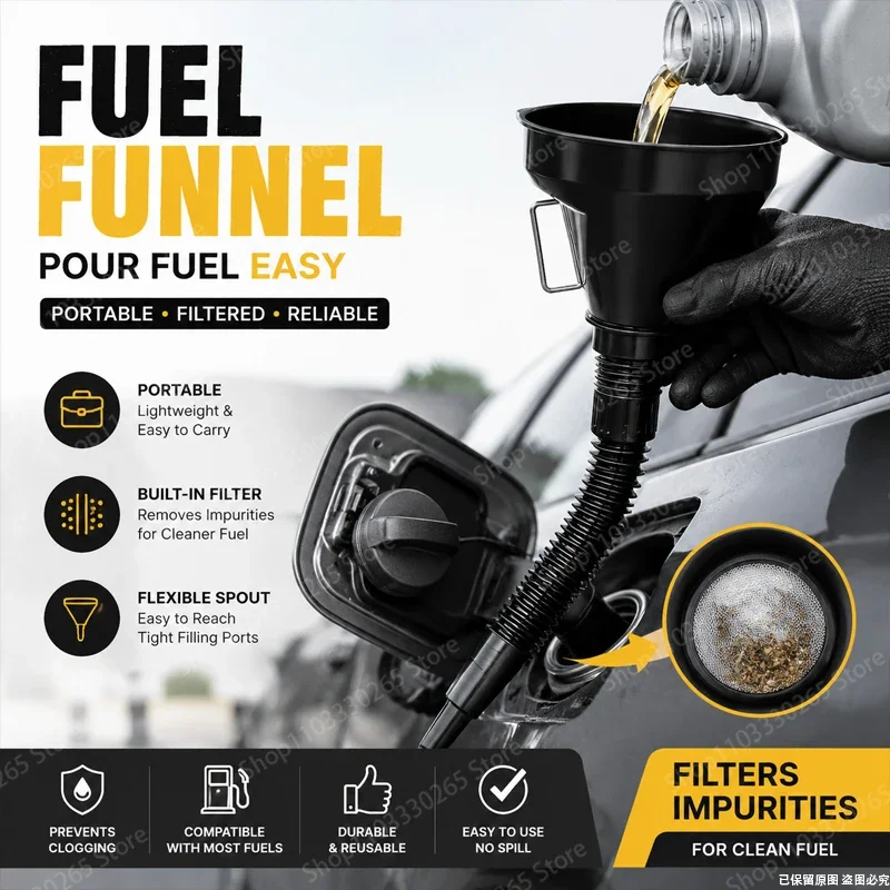 Universal Fuel Funnel with Built-in Filter, Leak-Proof, Flexible Extension Hose for Car, Motorcycle, Gasoline Oil