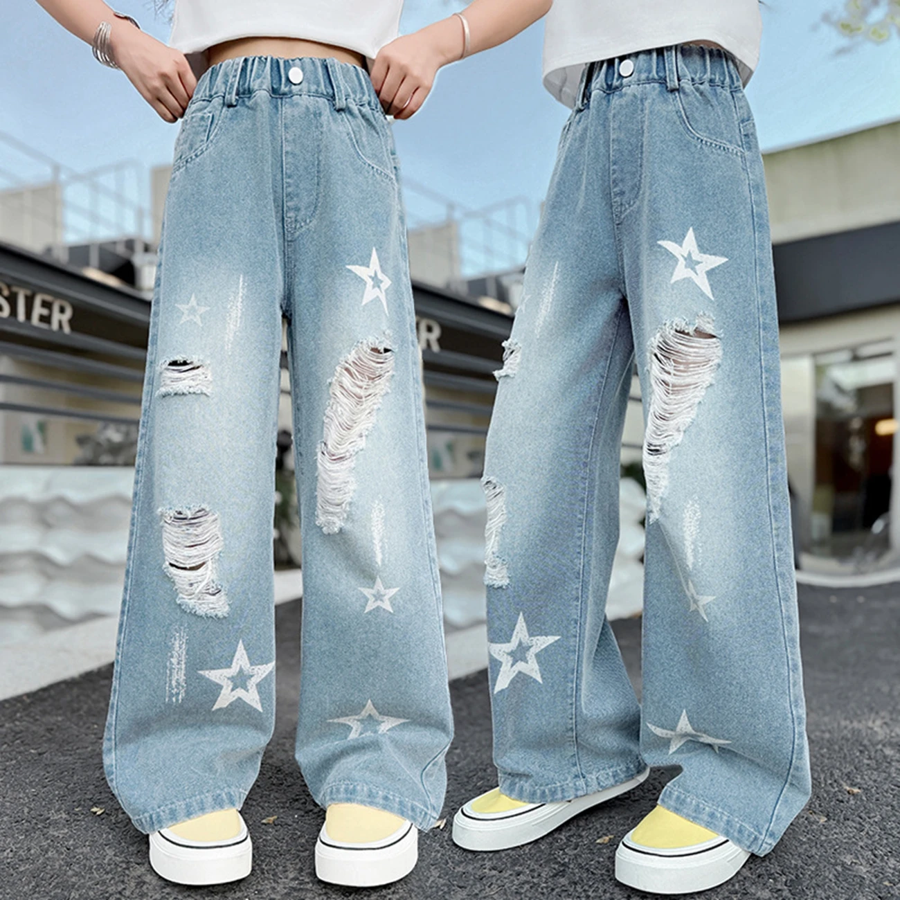 

2025 New Girls Ripped Jeans Casual Denim Pants Summer Loose Straight Star Style Teenagers Children