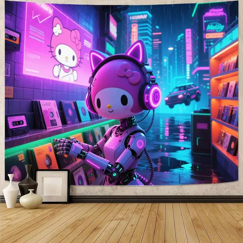 

1PC Sanrio Hello Kitty Pink Cyberpunk Robot Tapestry, Neon Music DJ Wall Art, Kawaii Aesthetic Room Decor Gift for Fans