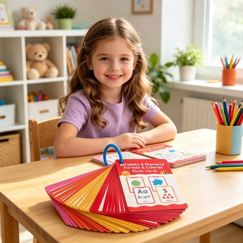 Spanish Flash Card for Kids Ages 3-6, 78 Basic Words Across Letters, Number, and Colors in a Ring-Bound 40-Card Set H8WD