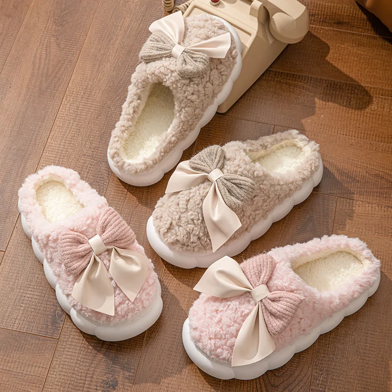 Women's Bow Slippers Thick-Soled Soft-Soled  Bedroom Cotton Shoes  Outdoor Indoor Winter Plush Non-Slip Bow Warm Houseshoes
