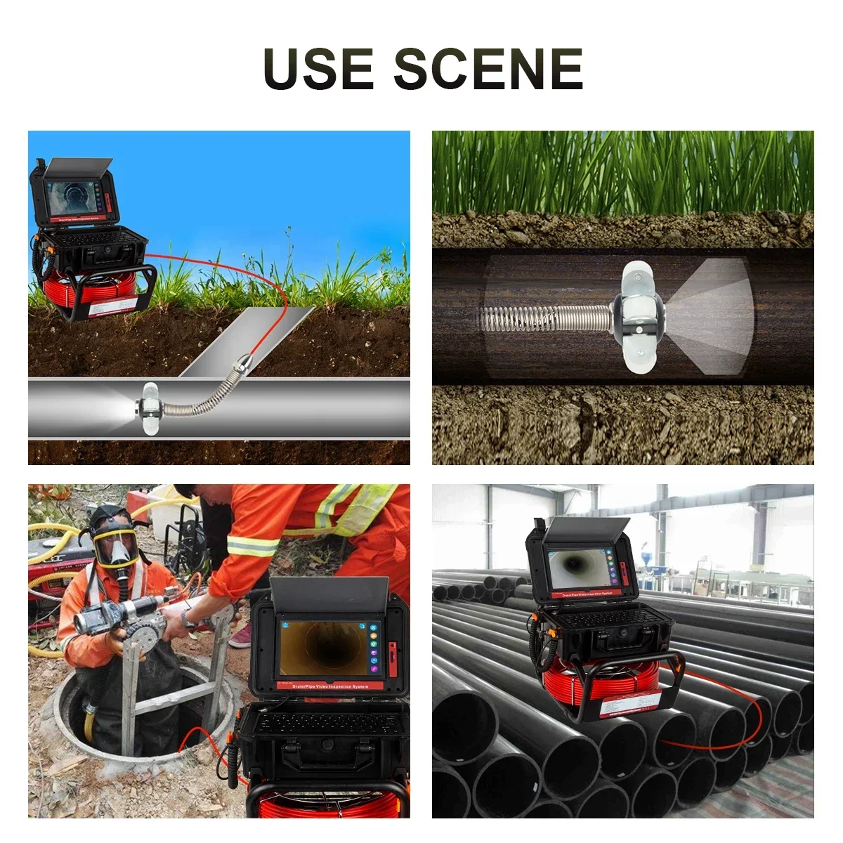Pipe Inspection Camera 10.1+1080P Screen512HZ Transmitter and Locator Video+Audio Recording 8X Image Enlarge+Meter Counter