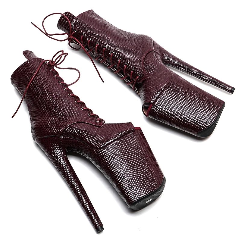 Leecabe  23CM/9inches Snake shiny PU  small opent toe Trend fashion High Heels stripper heel Pole Dance boots