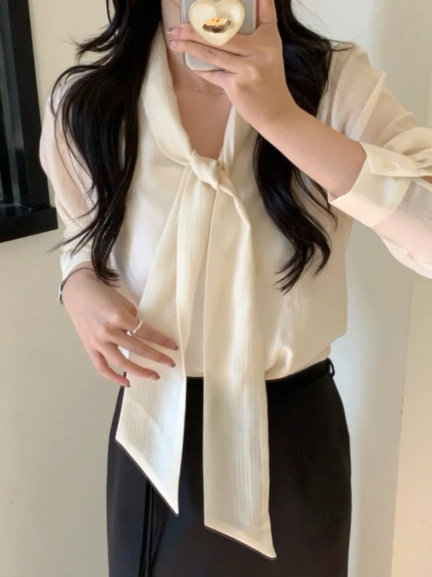 

Новая женская блузка Ele Spring с бантом, элегантный универсальный дизайн, дышащая, с длинными рукавами, из полиэфирного волокна