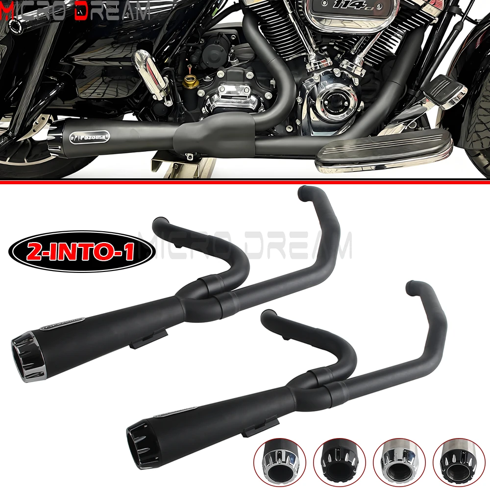Full Exhaust System Big Bore Stepped Exhaust Muffler Pipe For Harley Touring FLHT FLHR FLHX FLTRX FLTRU Modified 2-in-1 Mufflers