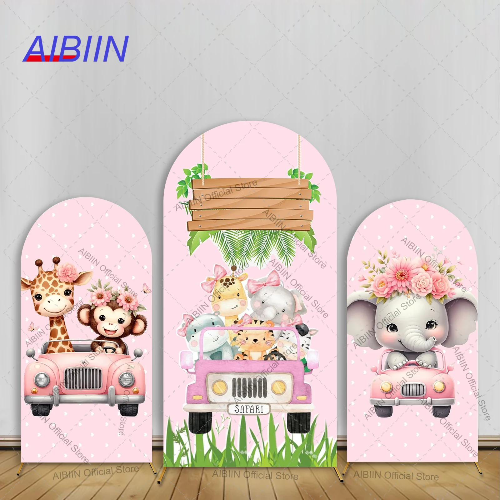 Fondo de arco de feliz cumpleaños de animales de Safari, cubierta de elefante, jirafa, mono, tigre, hojas verdes, decoración de fiesta de pastel para Baby Shower para niña