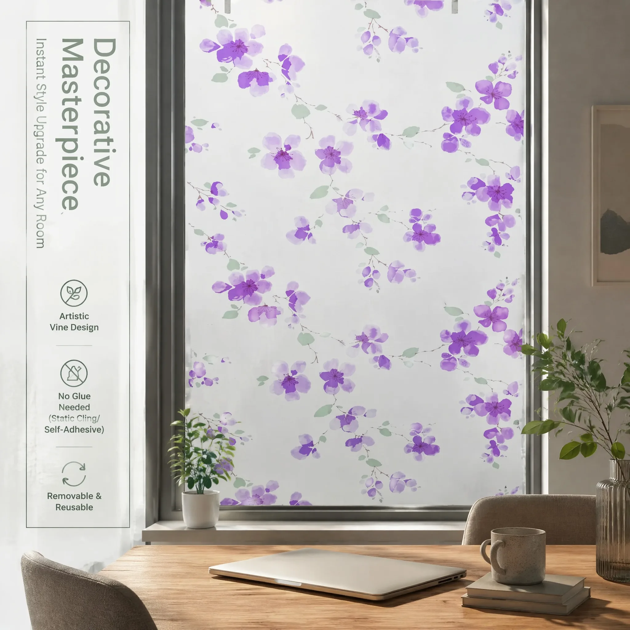 SSelf-Adhesive Watercolor Purple Vine Flower Frosted Window Film, Waterproof UV Block Removable No Residue Floral Privacy Glass
