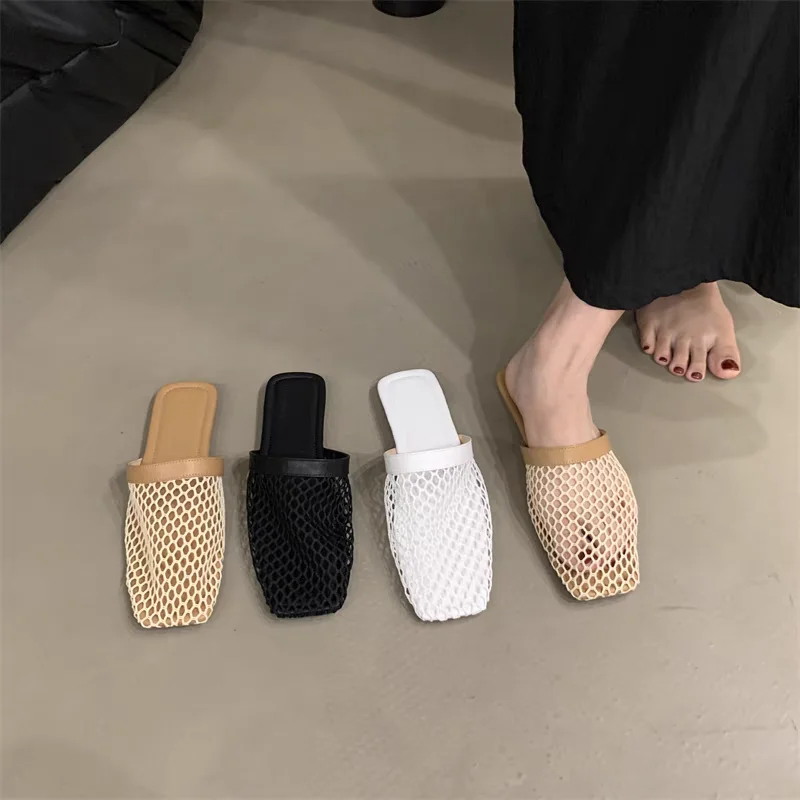 Summer Women Slippers Sexy Mesh Mules Indoor Home Slides Square Toe Female Flats Shoes Outdoor Clogs Beach Sandals Flip Flops