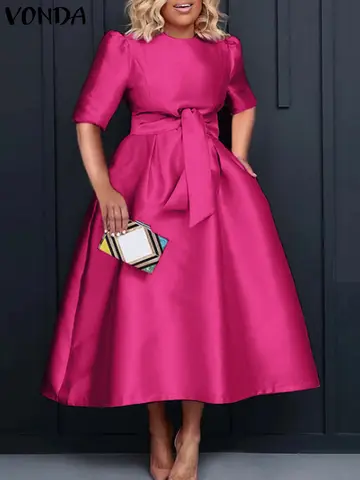 Sommarkvällsklänning 2025 Kvinnor Sexig Puffärm Fläckig Klänning VONDA Strandklänning Casual Lös Robe Femme Vestidos 8 best sales bränd orange mantel - №2