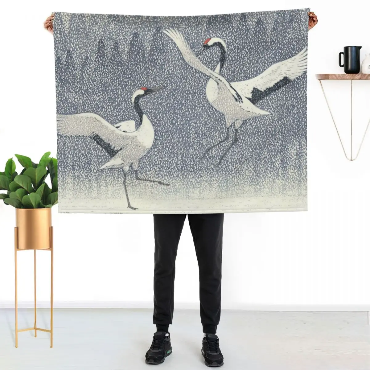 

Yoshida Toshi - Seirei no Mai (Dance of Eternal Love) (Red - crowned Crane) Vintage Art Japanese Woodblock Print E Throw Blanket