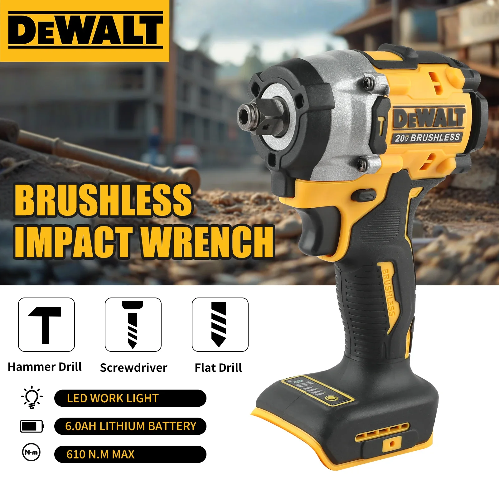 DEWALT  Atomic 20V Maximum Cordless Wrench 1/2 Inch Cordless Impact Wrench Variable Speed Charging Wrench DCF921 No Batter