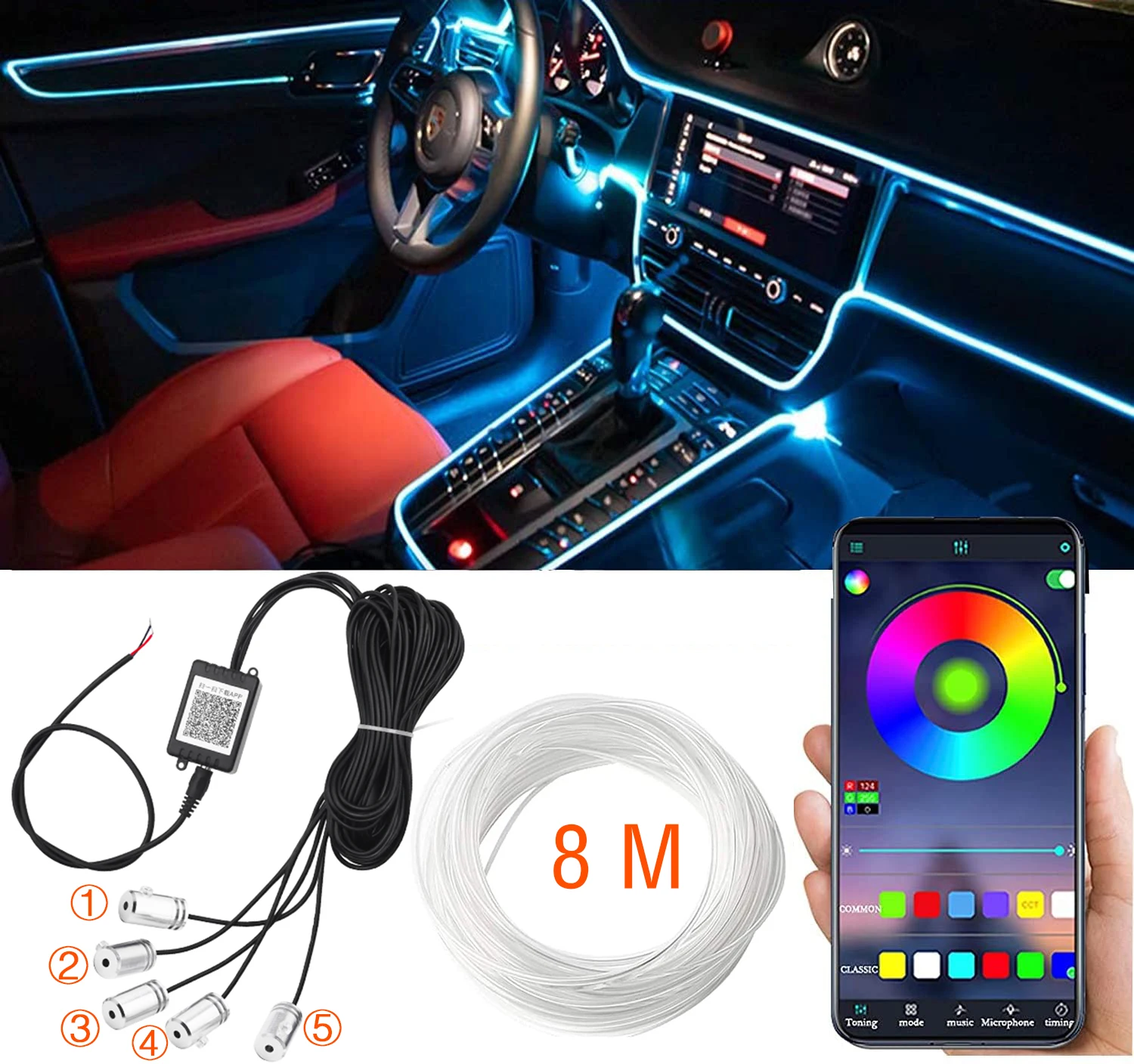 

12V automatic internal neon strip 4/5/6 controls decorative dashboard lights in a Bluetooth application