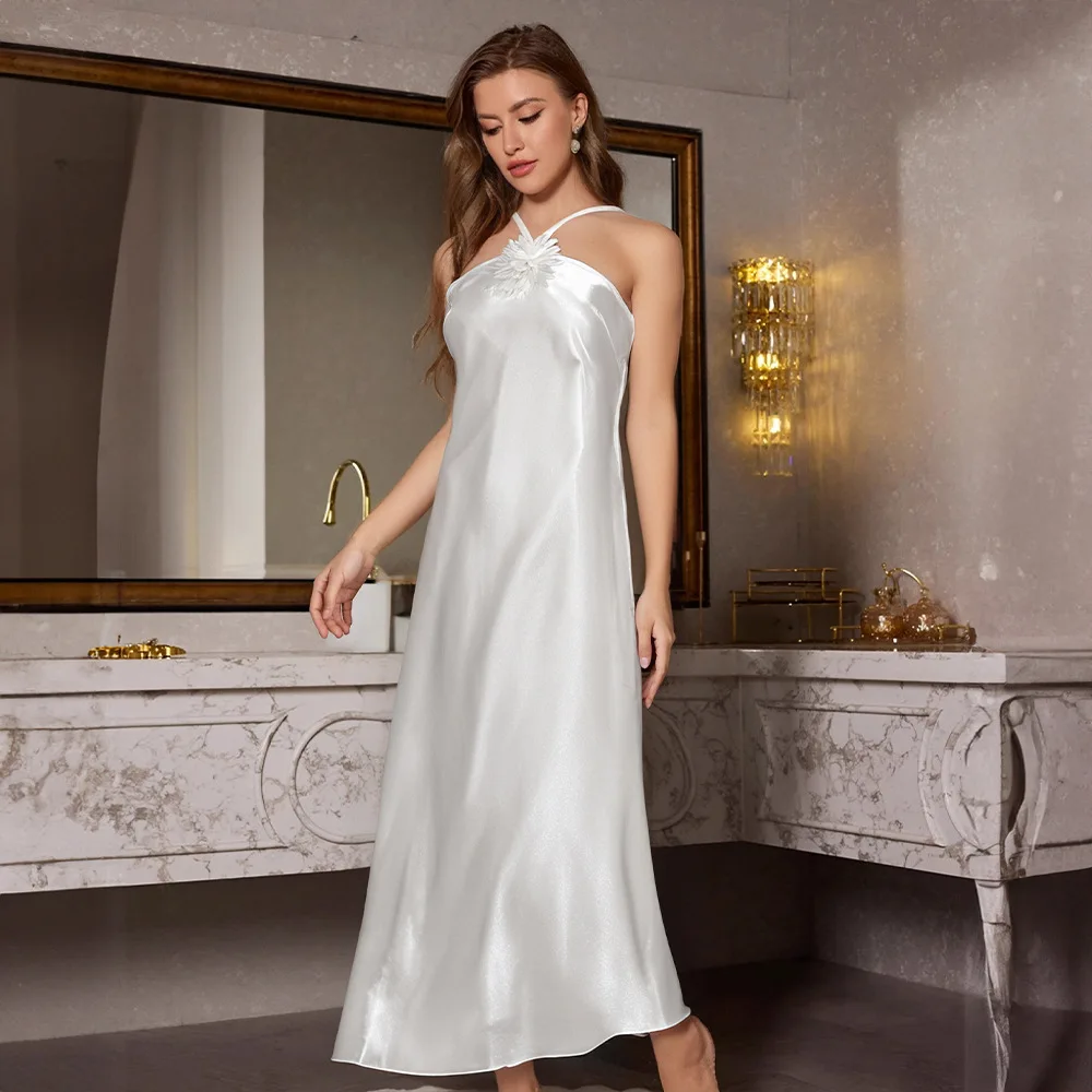 Summer New Pajamas Women's Silk Satin White Halter Neck Long Sling Backless Sexy Nightdress Long Nightdress S-XXL Size