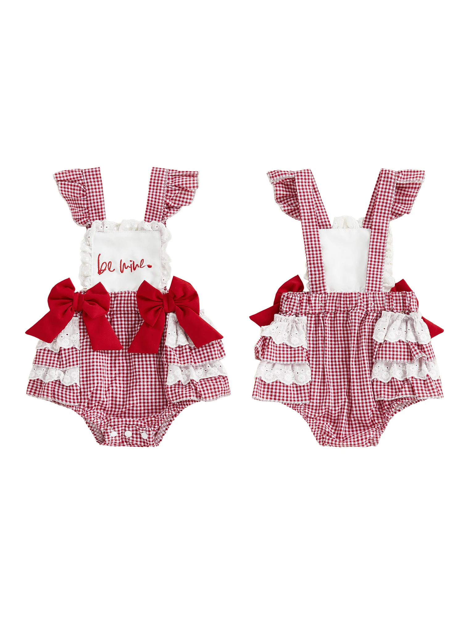 

Adorable Infant Girls Rompers with Sleeveless Design Square Collar Ruffled Details Embroidered Letters and Bow Accent -