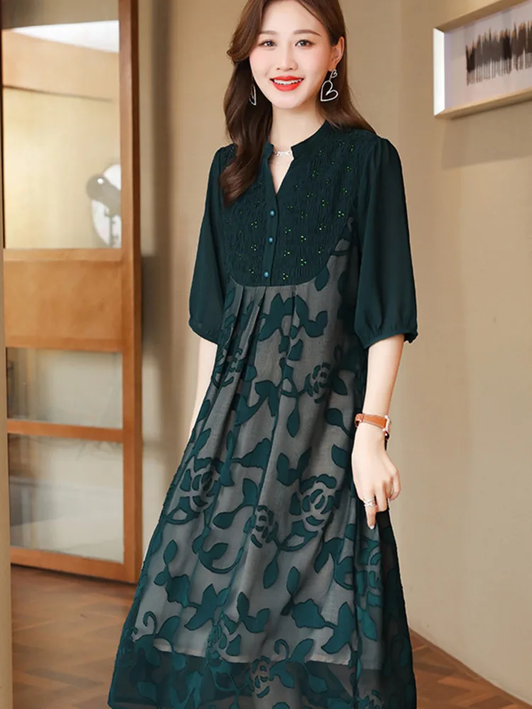 #8024 Vintage Chiffon Midi Dress Half Sleeve Embroidery A-line Dress Ladies Half Open Collar Buttons Split Joint Double Layer 