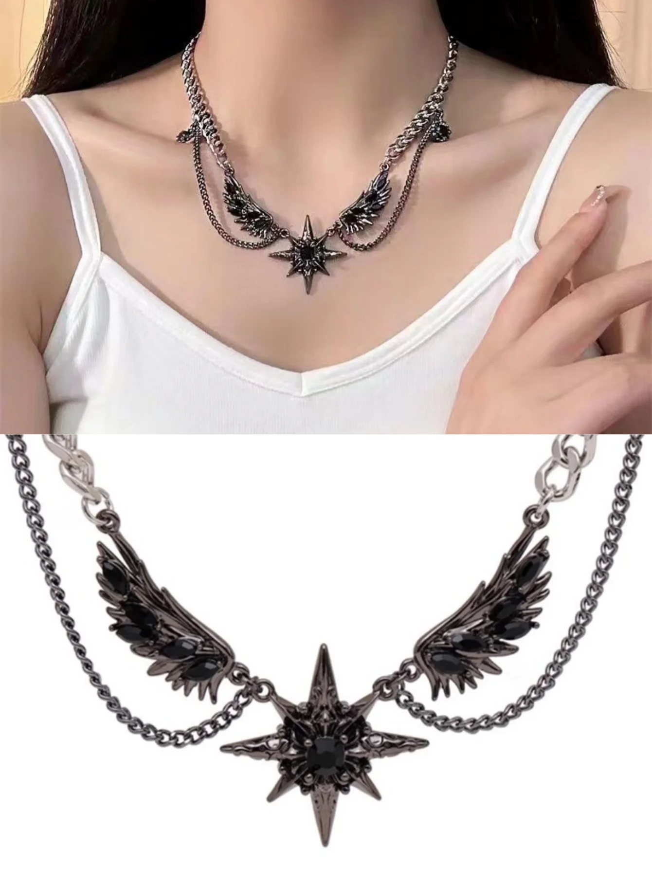 Dark wind Star jewel diamond wings necklace Hip Hop street style men and women niche design superior sense choker