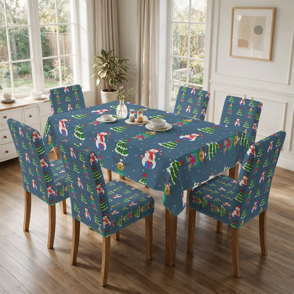 Cute Christmas Character Tablecloth and Chair Covers for Holiday Dining Room Decor Festive Family Meal Setting