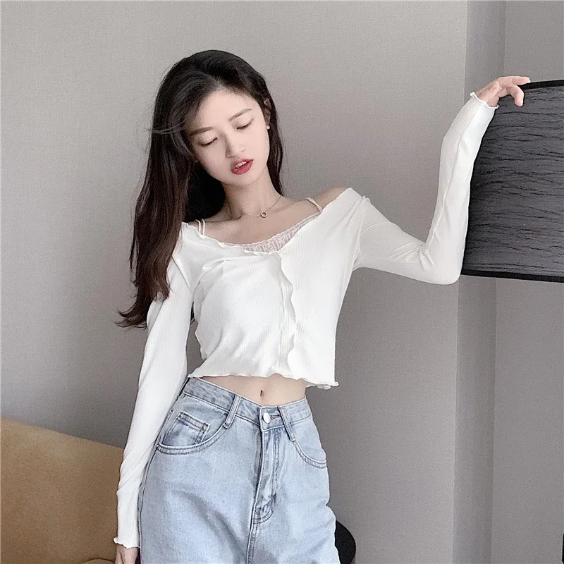 Women's Spring Splicing Sexy Off Shoulder Bottoming T-shirts White Lace Fake Two Piece Elegant Suspender Long Sleeve Short Tops