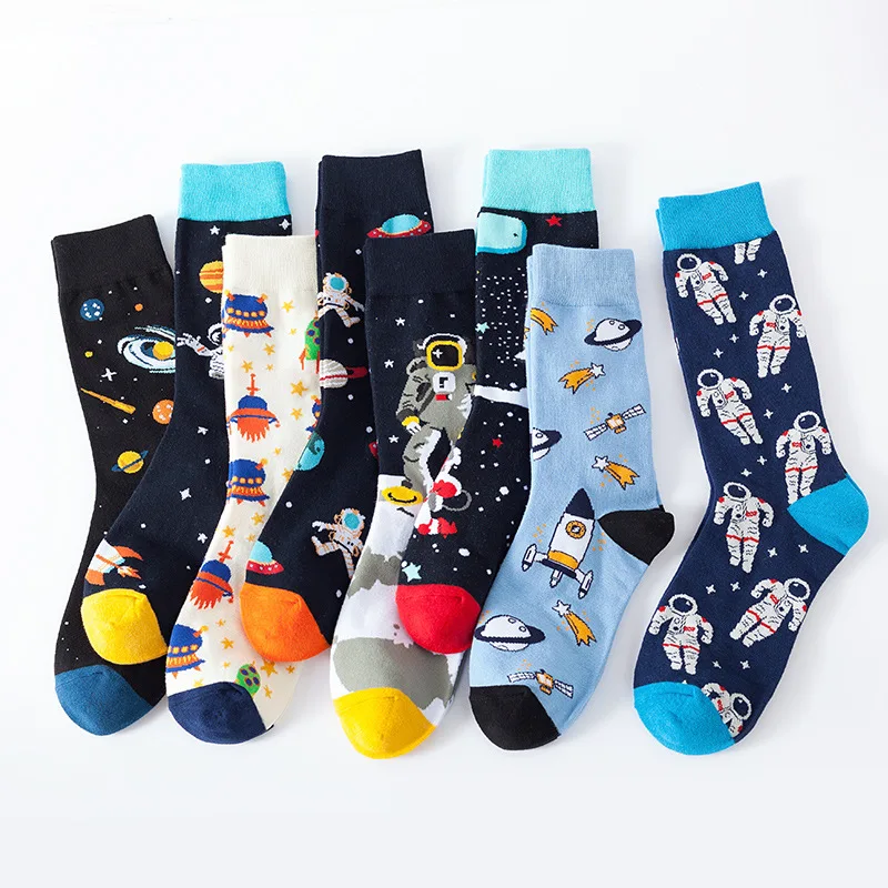 Wald-oppositions-Chaussettes décontractées en coton pour hommes, Happy Socks, Hip Hop, Street Skateboard, Funny Firmament, Space Rocket Star, Male Sox, Automne