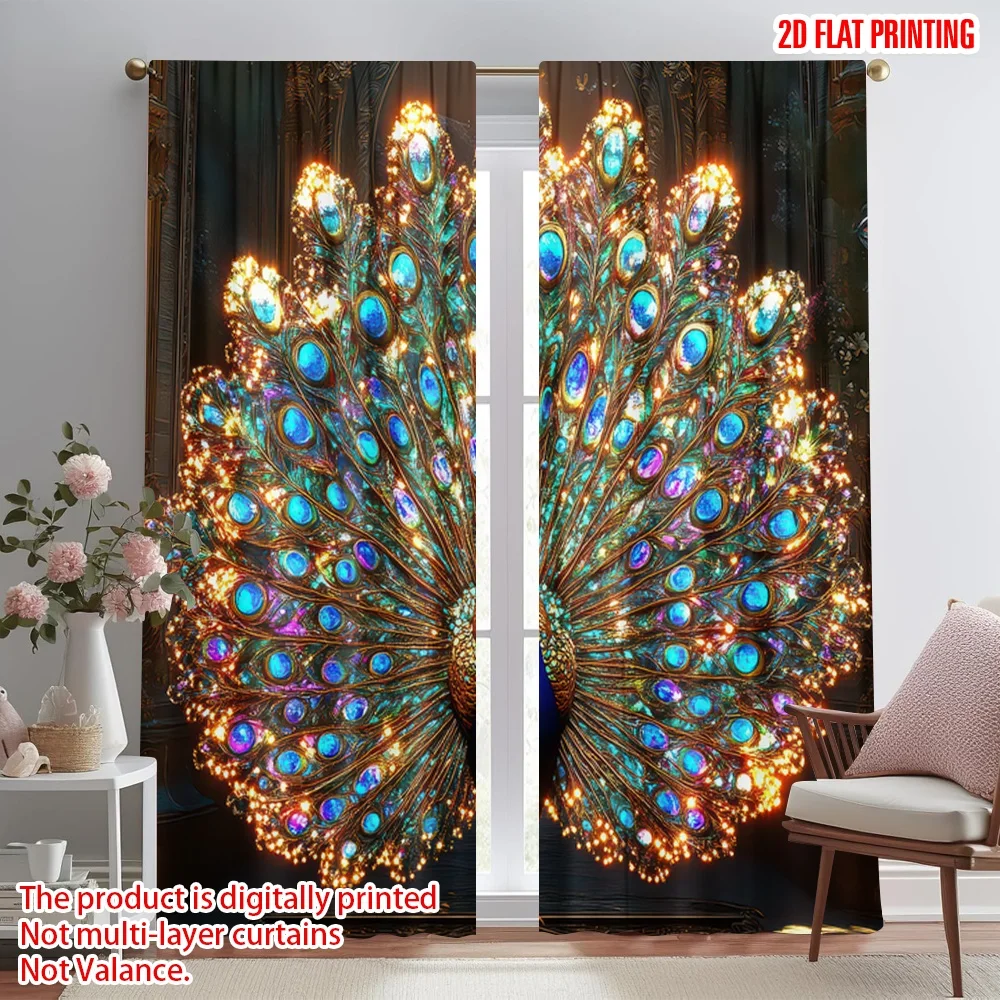2D flat printing 2pcs Curtain Vibrant Radiant Peacock Digital Printed Polyester Drapes Holiday Decorations for Photo Booths &