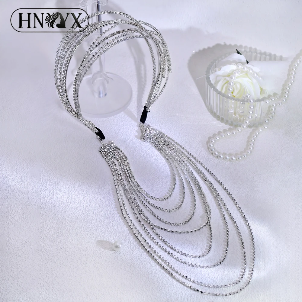 HNYYX Elegant Sliver Color Long Tassel Headband Women Multi-Layer Rhinestone Chain Hair Hoop Wedding Party Headpieces YXA146